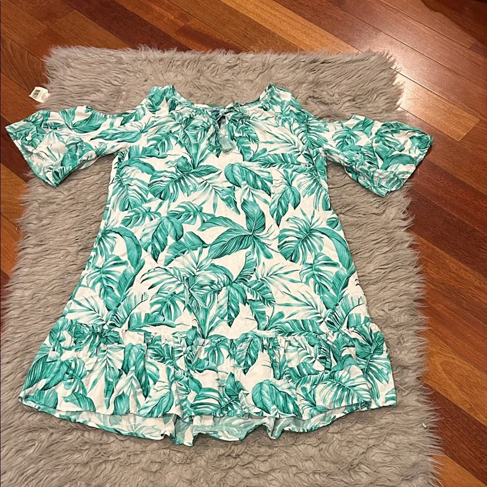 Caribbean Joe Tropical Green Leaf Print Off The Shoulder‎ Flowy Rayon Dress